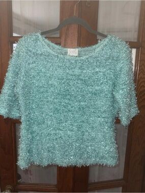 Donna Karan Teal Fuzzy Knit Short-Sleeve Top